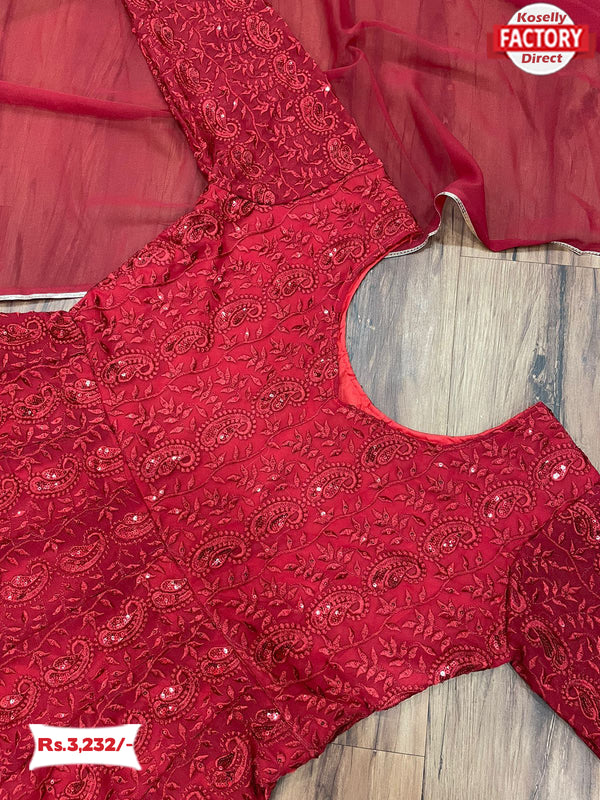 Dark Red Embroidered Gown With Dupatta And Pant