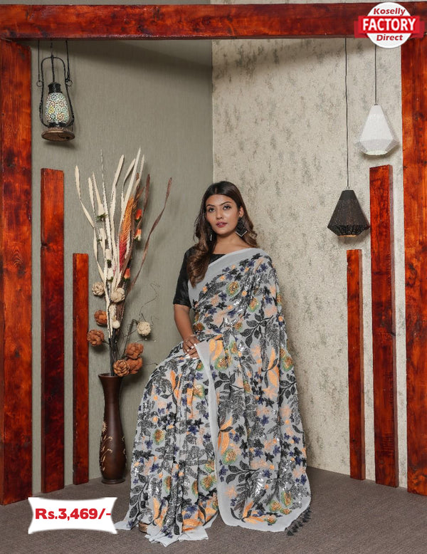 Ash Georgette Saree With Heavy Embroidery