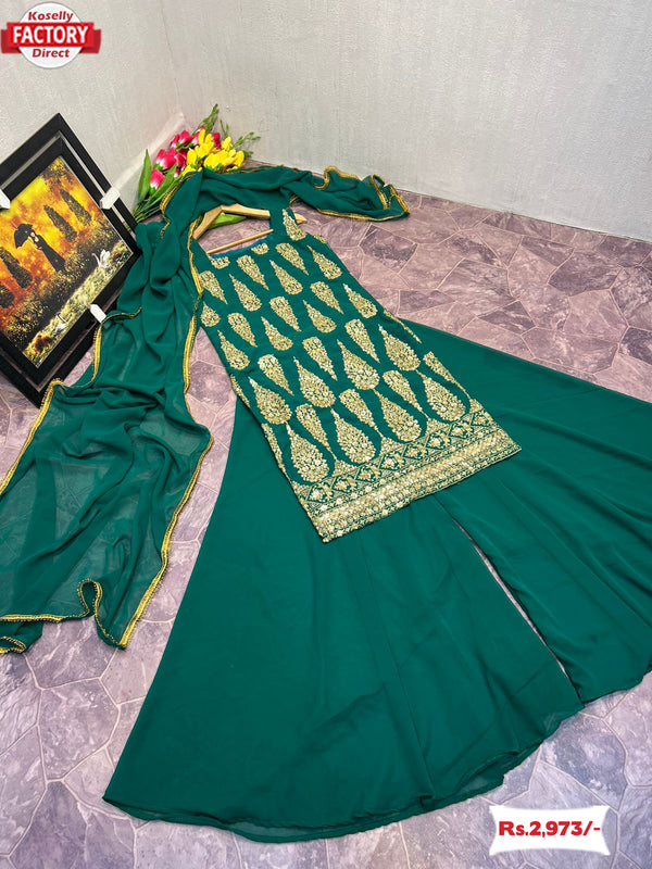 Green Designer Embroidered Kurtha Sharara Dupatta Set