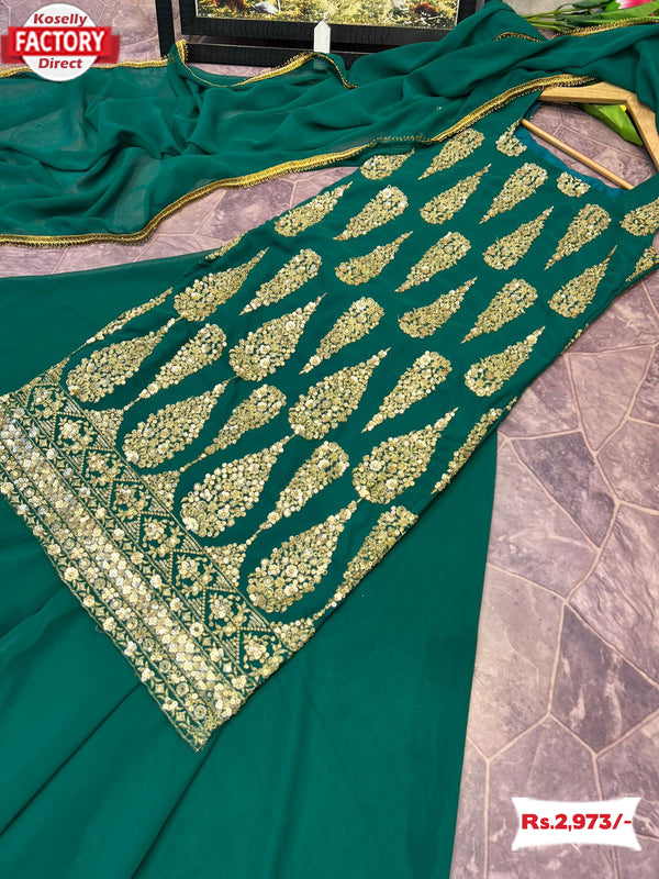 Green Designer Embroidered Kurtha Sharara Dupatta Set