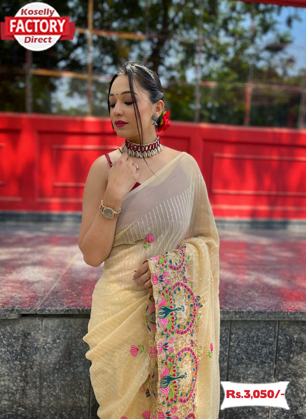Beige Pure Georgette Sequins Saree With Embroidery