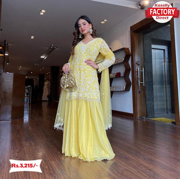 Yellow Designer Kurtha Sharara Dupatta Set
