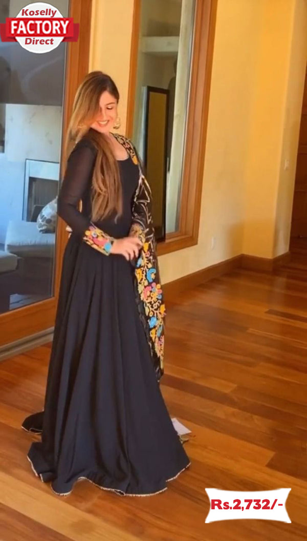 Black Georgette Gown With Embroidered Dupatta