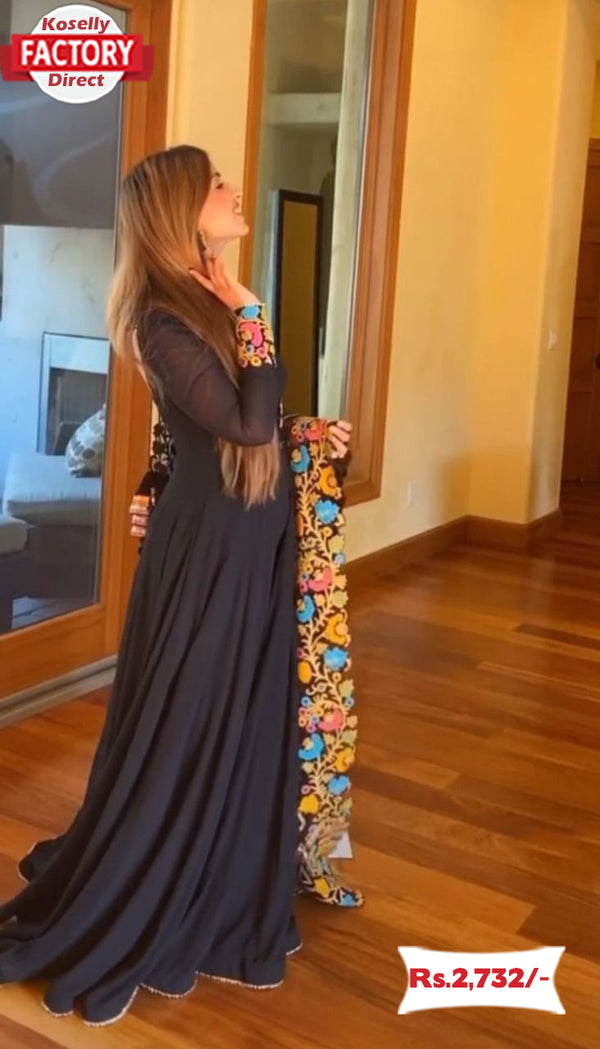 Black Georgette Gown With Embroidered Dupatta