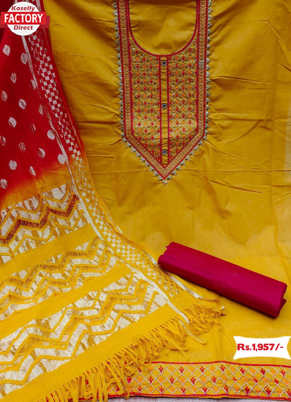 Yellow Cotton Embroidered Kurtha Suruwal Piece