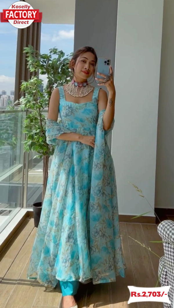 Sky Blue Floral Gown Pant Dupatta Set
