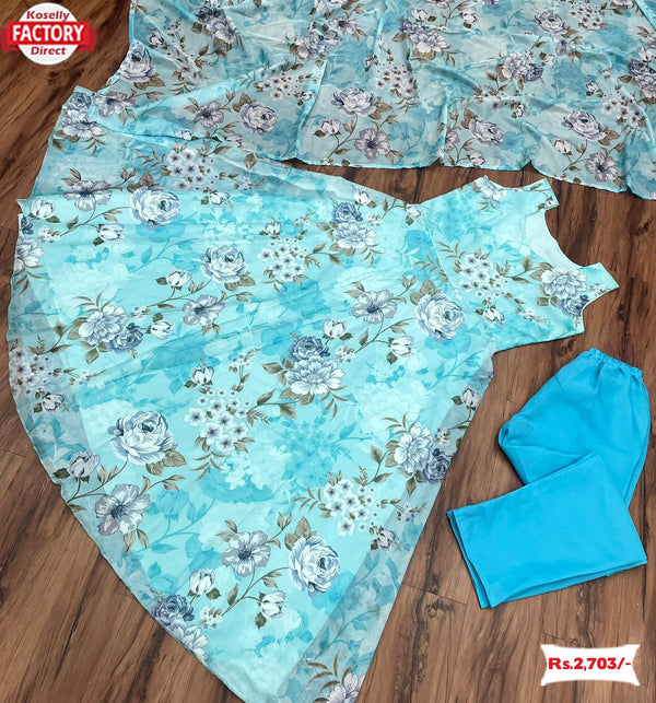 Sky Blue Floral Gown Pant Dupatta Set