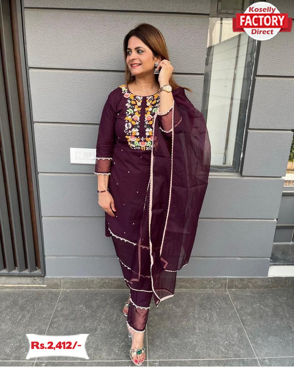 Wine Embroidered Kurtha Palazzo Set