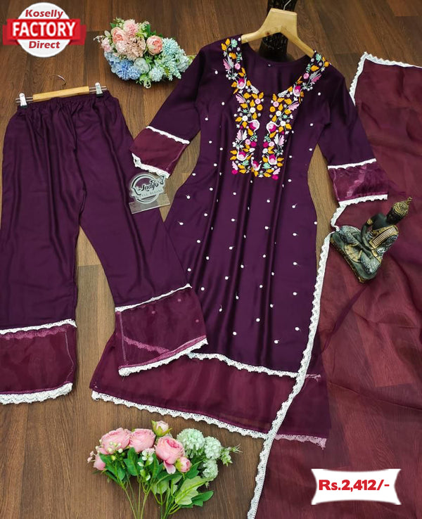 Wine Embroidered Kurtha Palazzo Set
