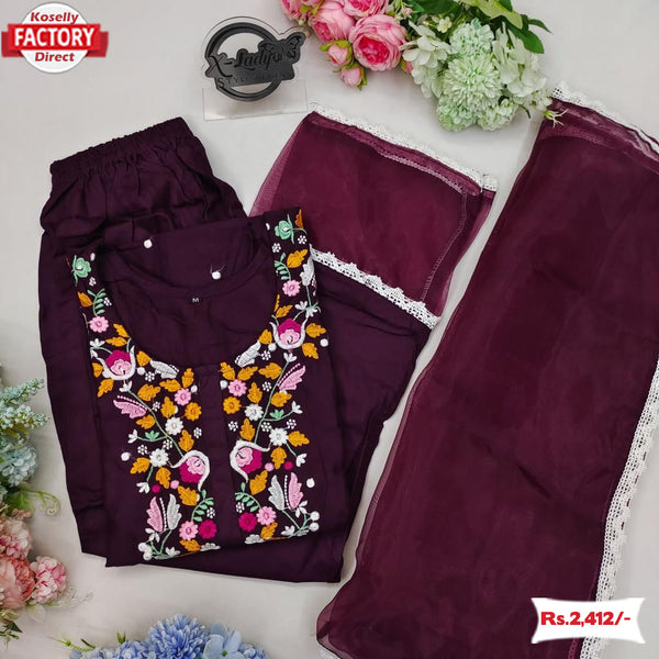 Wine Embroidered Kurtha Palazzo Set