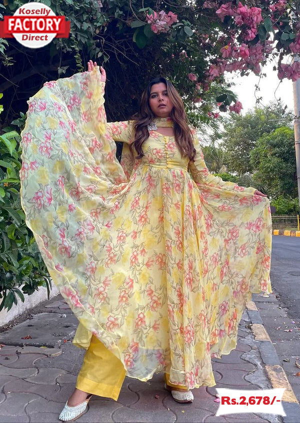 Yellow Floral Long Frock Palazzo Set