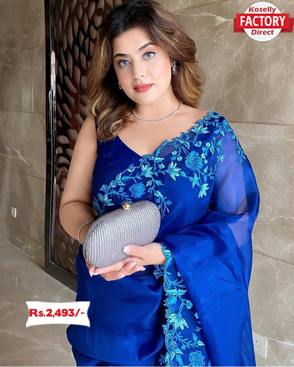 Royal Blue Pure Organza Embroidered Saree