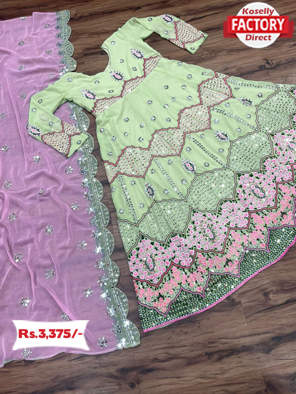 Light Green Embroidered Partywear Gown With Dupatta