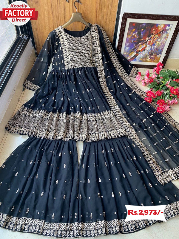 Black Designer Kurtha Sharara Dupatta Set