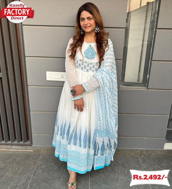 White and Blue Digital Printed Gown with Dupatta