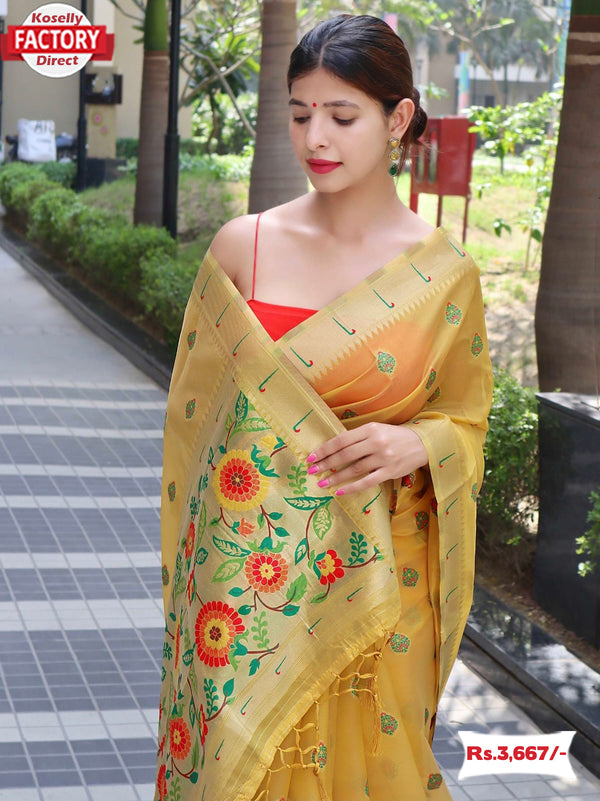 Yellow Organza Silk Paithani Saree