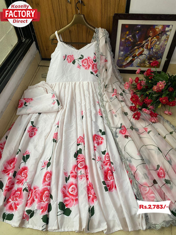 White Designer Floral Gown Pant Dupatta Set