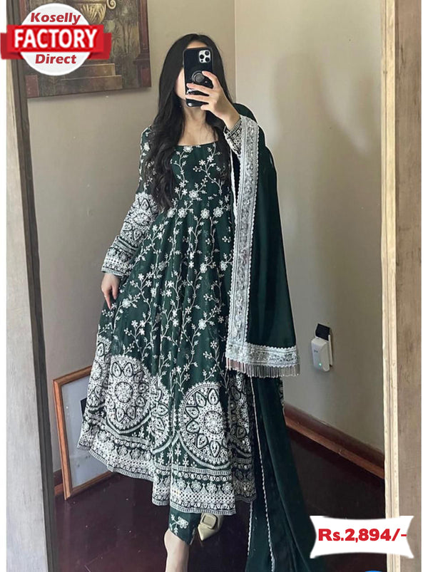 Dark Green Embroidered Gown Dupatta Pant Set