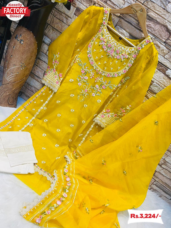 Designer Yellow Organza Kurtha Pant Dupatta Set