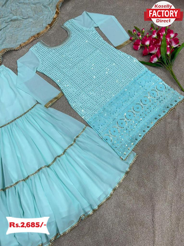 Sky Blue Partywear Kurtha Sharara Dupatta Set