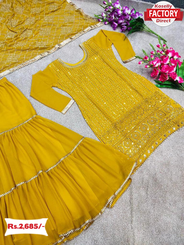 Yellow Partywear Kurtha Sharara Dupatta Set