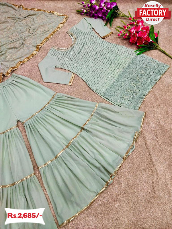 Olive Green Partywear Kurtha Sharara Dupatta Set