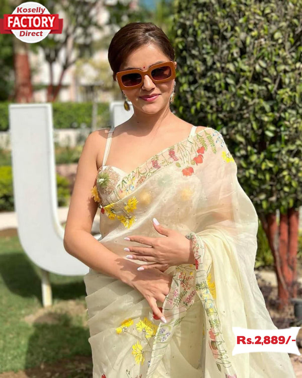 Light Yellow Organza Handwork Partywear Saree
