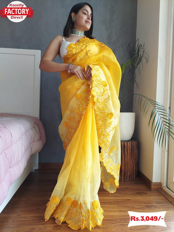 Yellow Pure Organza Saree With Multi-thread Work
