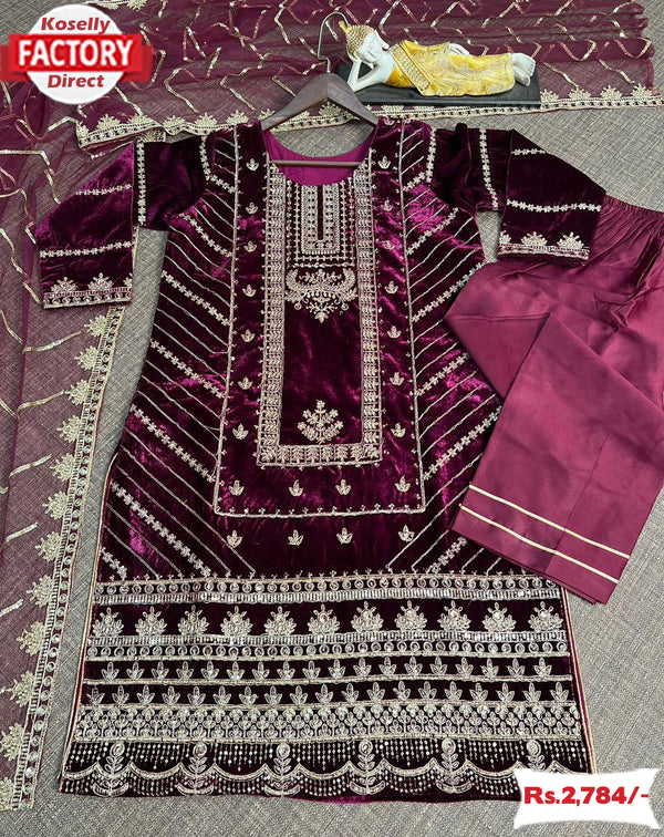 Wine Velvet Embroidered Kurtha Set