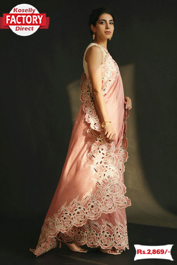 Peach Vichitra Silk Partywear Saree