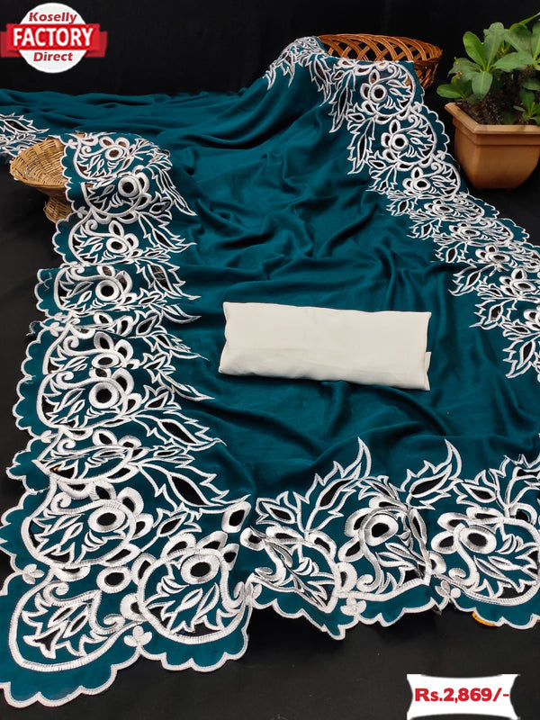 Teal Blue Vichitra Silk Partywear Saree