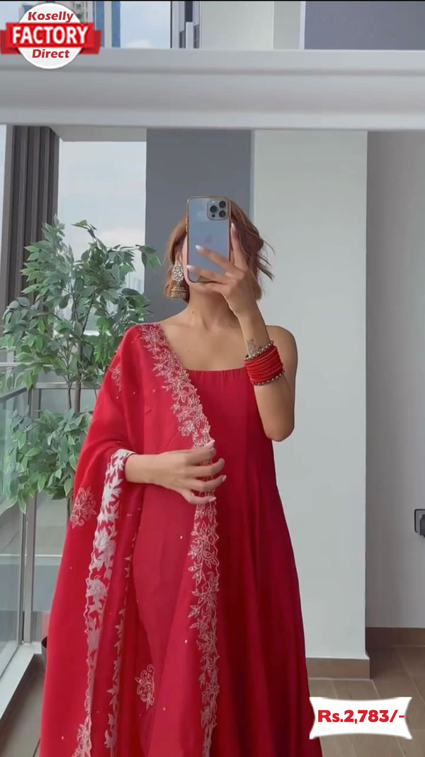 Red Suit With Embroidered Palazzo And Dupatta