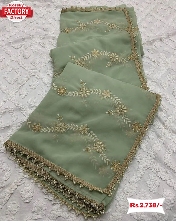 Dusty Green Faux Georgette Embroidered Partywear Saree