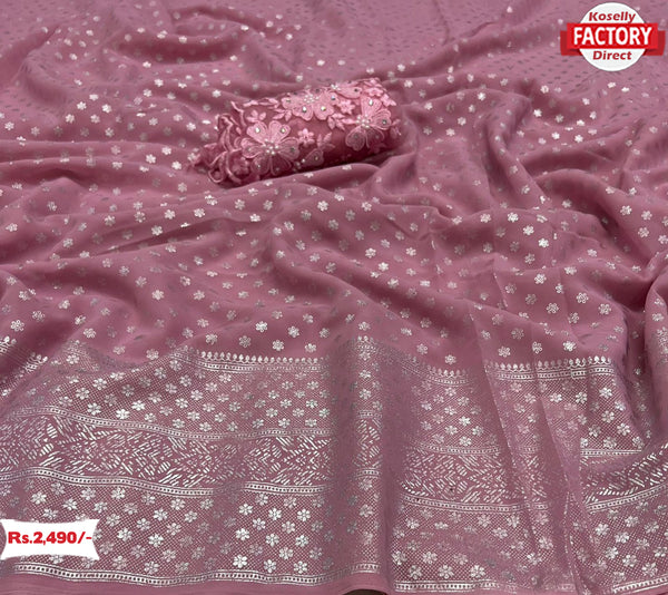 Pink Pure Georgette Silver Foil Fancy Saree