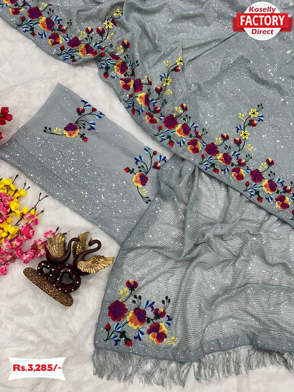 Silver Sequins And Multi-thread Work Partywear Saree