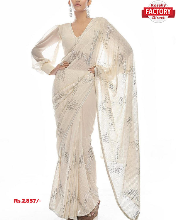 White Georgette Partywear Sequins Saree