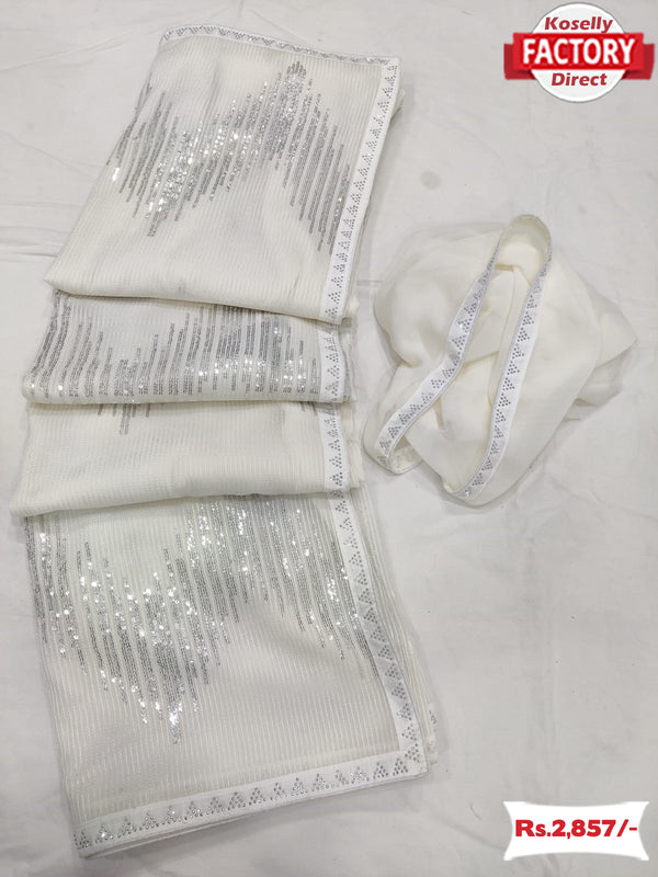 White Georgette Partywear Sequins Saree