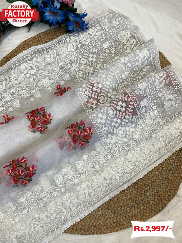 Designer White Organza Multi-thread Work Saree