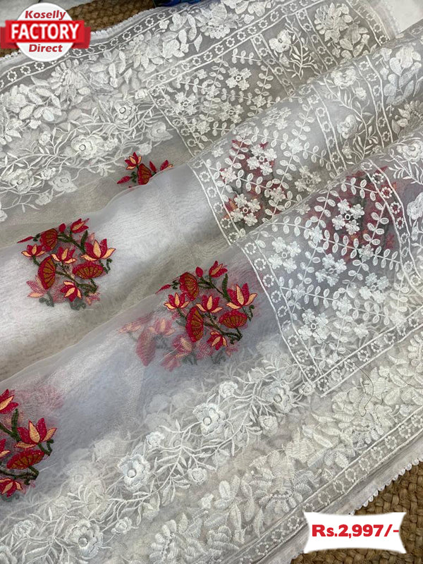 Designer White Organza Multi-thread Work Saree