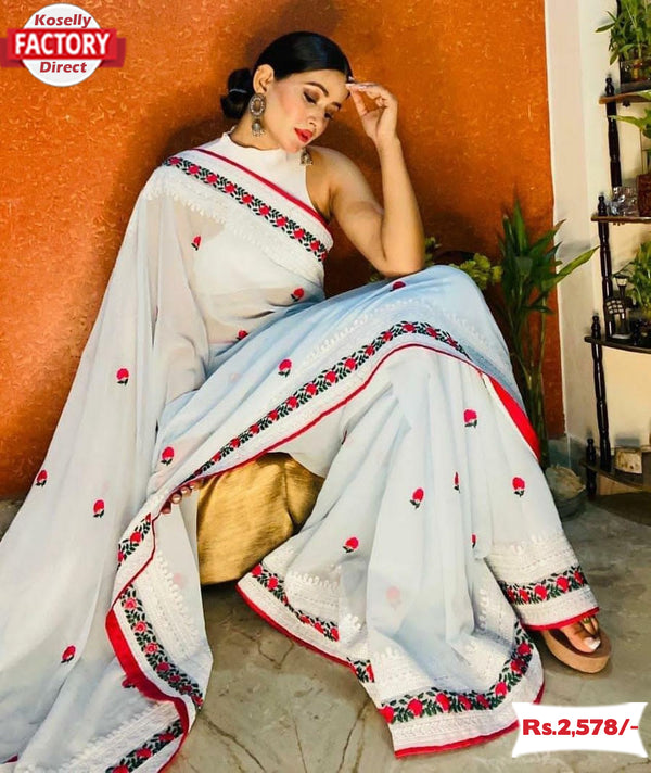 White Soft Georgette Embroidered Saree