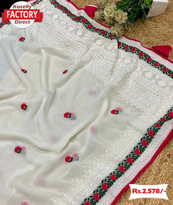 White Soft Georgette Embroidered Saree