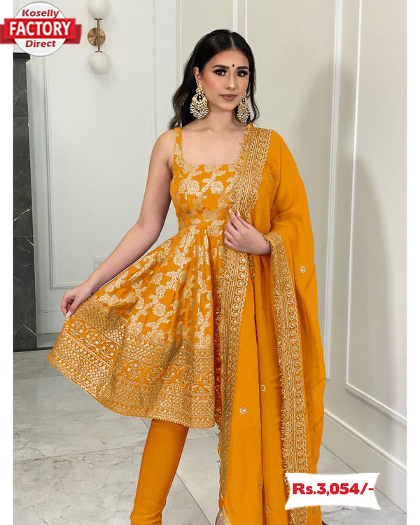 Yellow Peplum Style Kurtha Palazzo Dupatta Set