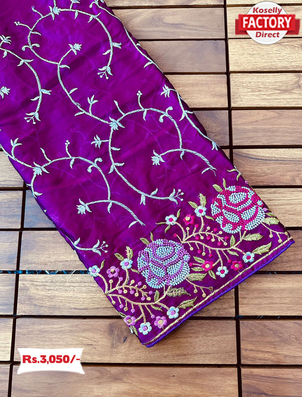 Wine Chinnon Silk Saree With Multi-thread Embroidery