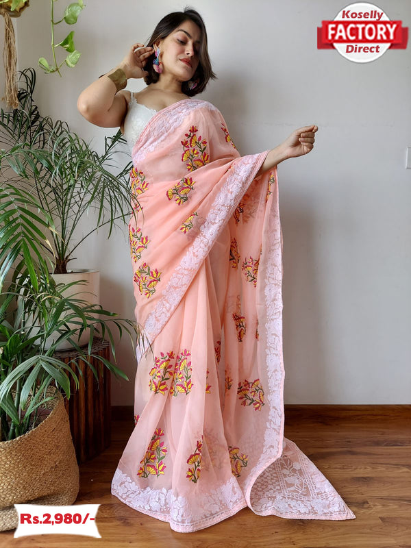 Peach Viscose Organza Embroidered Saree