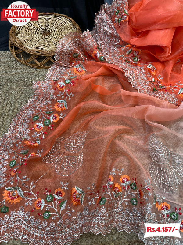 Orange Multi-shaded Pure Organza Partywear Saree