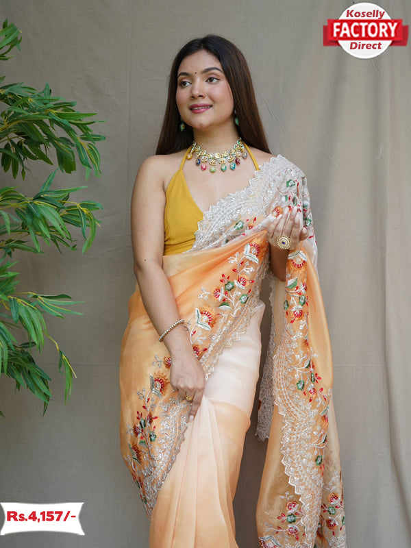 Yellow Multi-shaded Pure Organza Partywear Saree