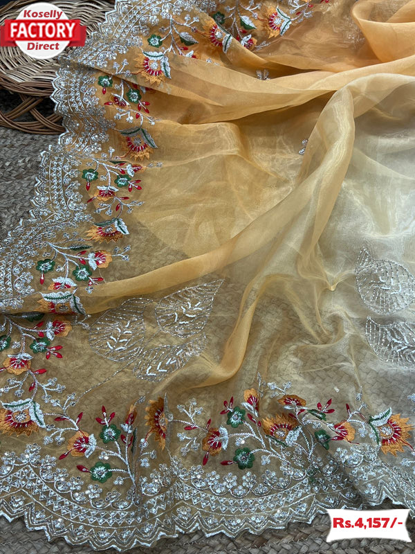 Yellow Multi-shaded Pure Organza Partywear Saree
