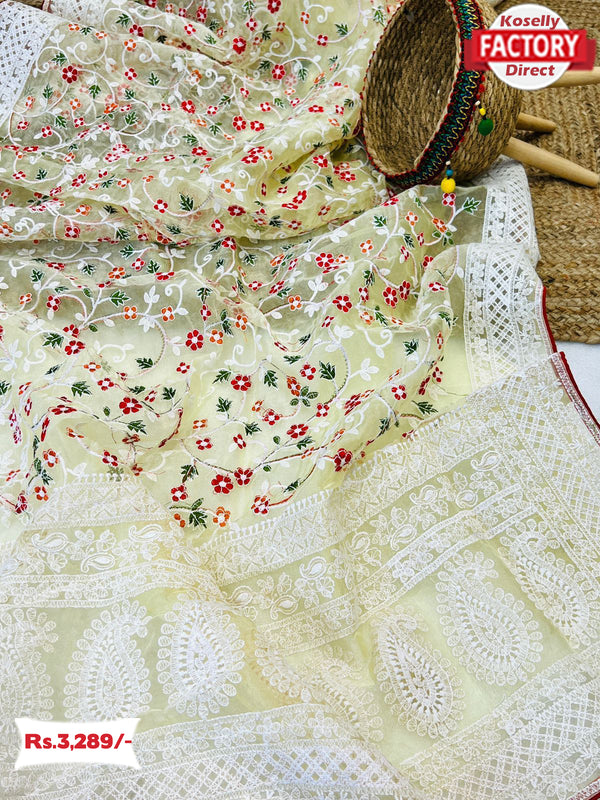 Light Yellow Pure Organza Chikankari Saree