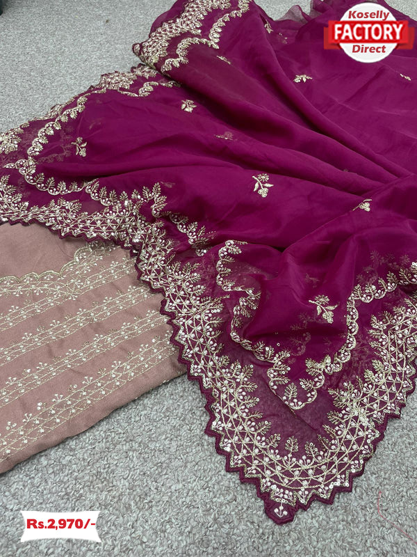 Wine Tabby Organza Embroidered Saree