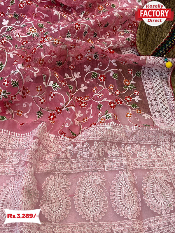 Fiery Rose Pure Organza Chikankari Saree
